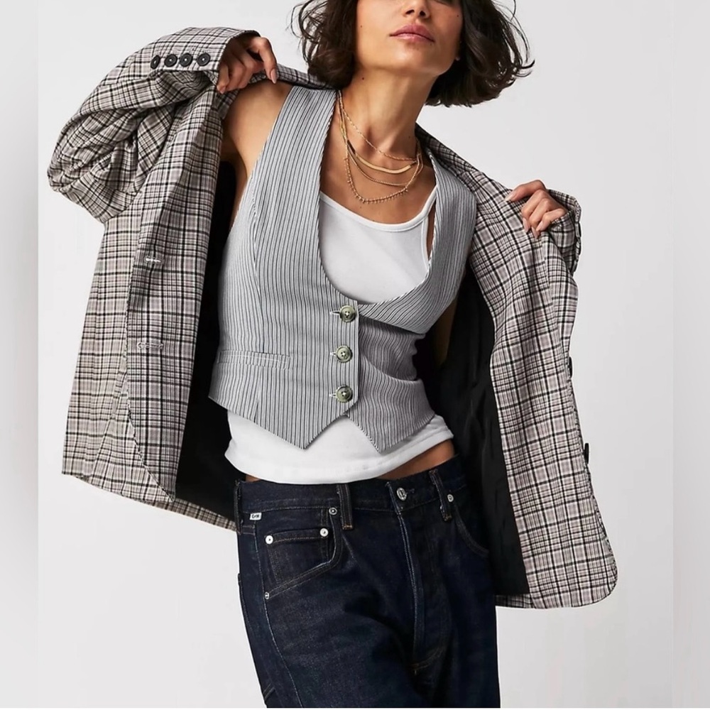 We the Free People Cali Plaid blazer M black grey pink Boxy Single Breasted - Picture 4 of 15